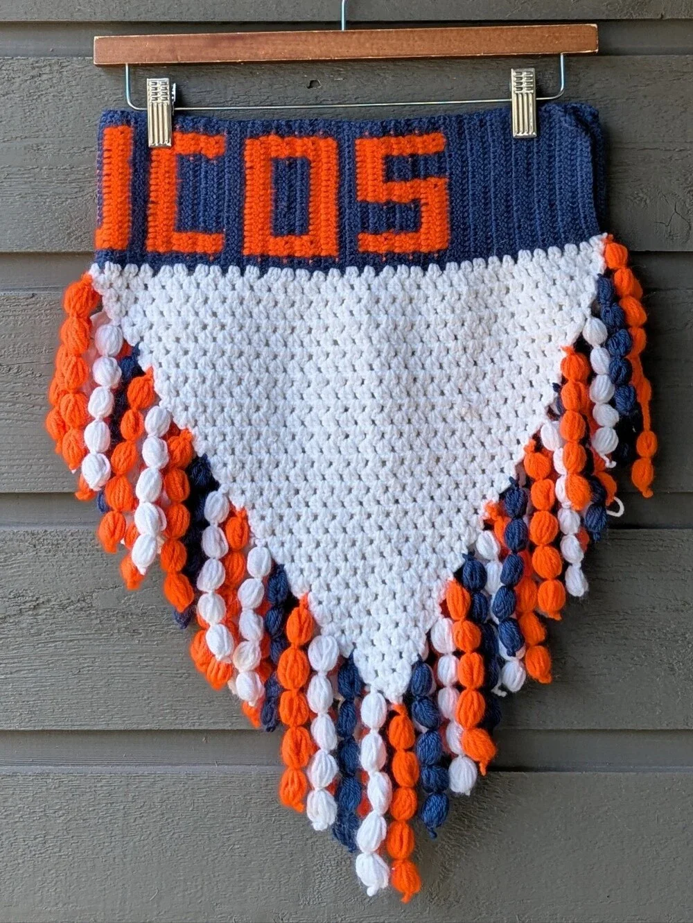 Handmade NFL Denver Broncos Knit Fringe Banner Blue Orange White